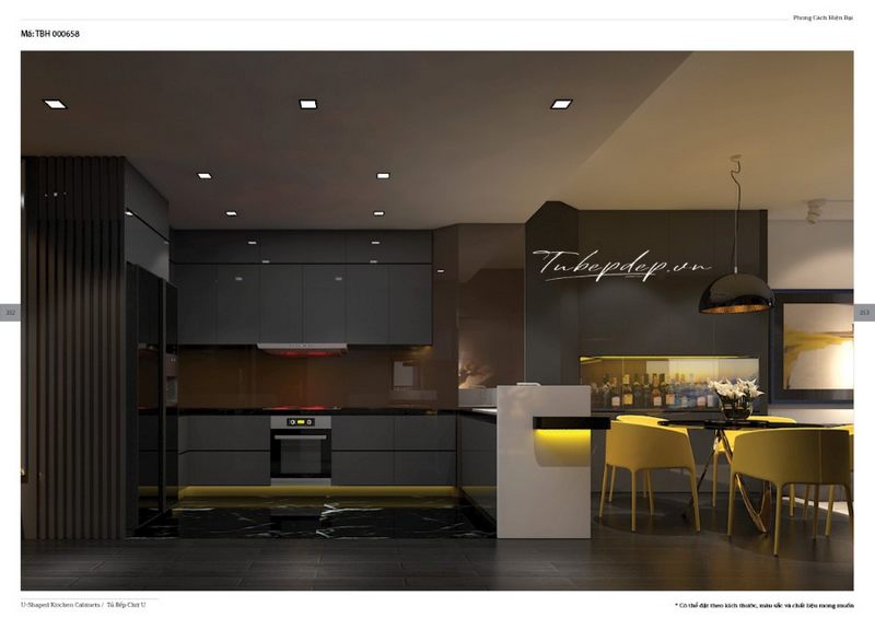 Mẫu tủ bếp acrylic màu xám - bàn ăn mang phong cách hiện đại trẻ trung cực nổi bật trong thiết kế phòng bếp của biệt thự, nhà phố, chung cư cao cấp